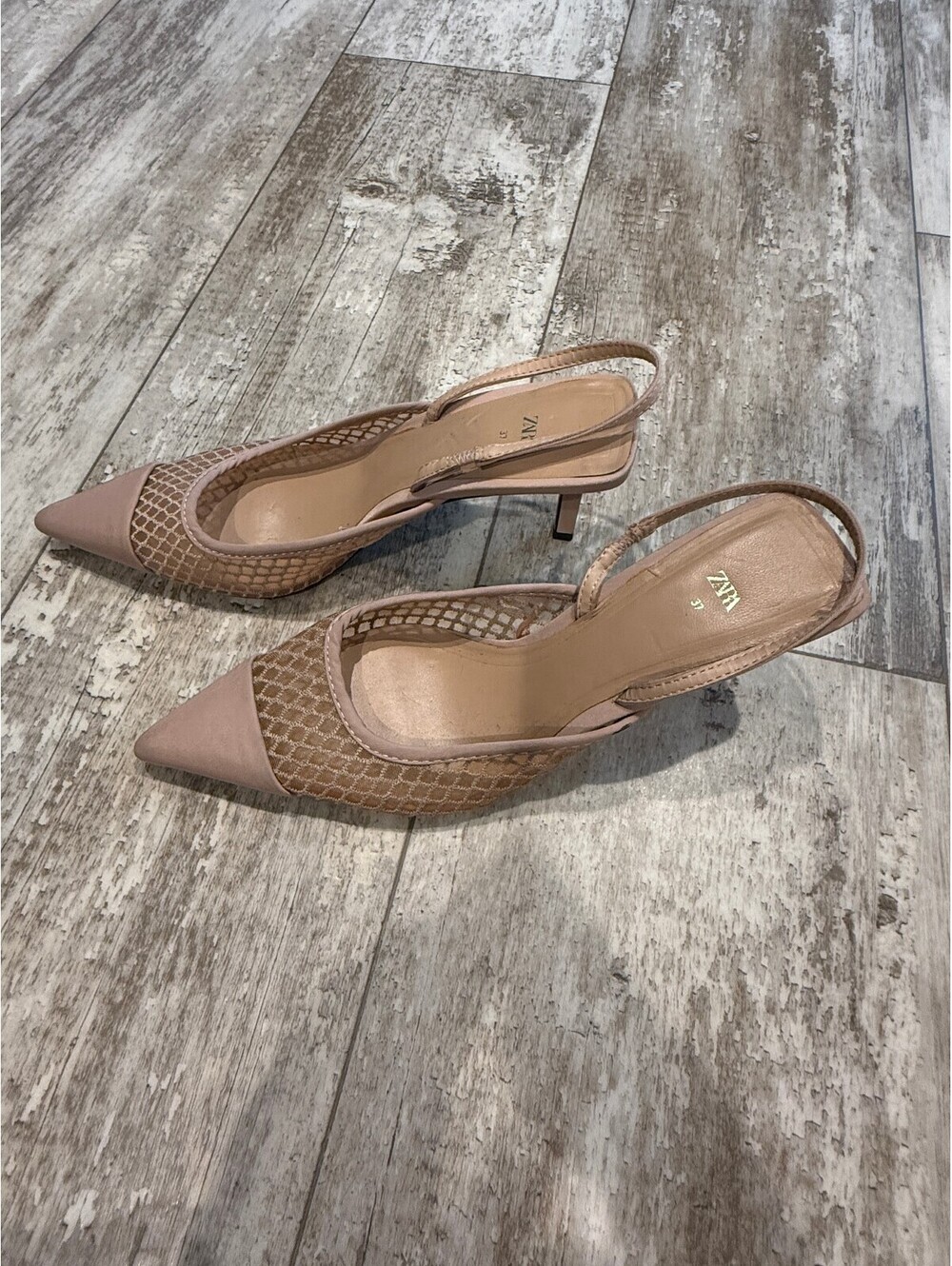 Zara 37 Nude Mesh Pointed Toe Slingback Heels Y2K